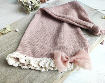 RTS, Knit Sleepers Knot Hat, Boho style Hats, Newborn Photography Props, Photo session Prop, Pink Sleepy Hats, Girl tones, Vintage inspired