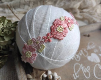 Newborn Pink Flower headband, Photo Prop, Newborn Tieback, Newborn photography prop, Floral Tieback, Rustic tieback, Vintage