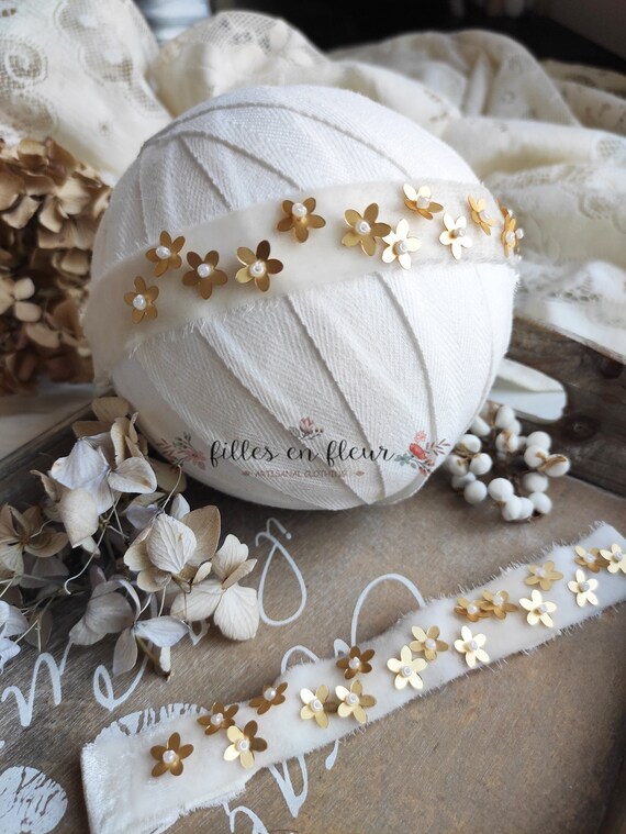 White Satin Headband with Gold Flower Embellishments Cream & Gold Satin Handmade Flower Headband With Pearl Rose  main image 4
