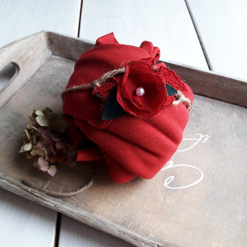 Newborn flowers Newborn Red Headband Newborn Tieback Rustic Tieback Christmas Floral Tieback Photo Prop Toddler Tieback Sitter Tiebacks