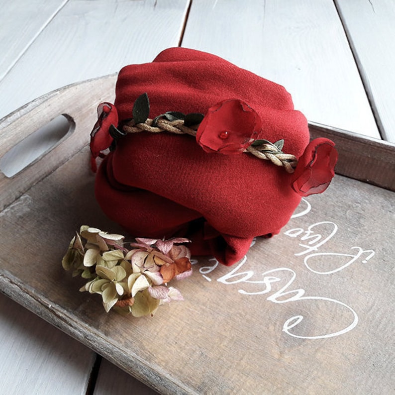 Newborn flowers Newborn Red Headband Newborn Tieback Rustic Tieback Christmas Floral Tieback Photo Prop Toddler Tieback Sitter Tiebacks