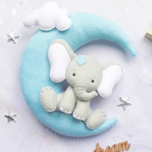 Baby elephant nursery wall hanging, moon and stars hanging nursery decoration, elephant nursery décor.