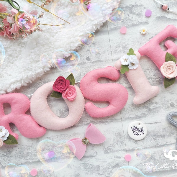 Personalised floral nursery banner, floral name bunting, floral nursery decor. Felt flower garland