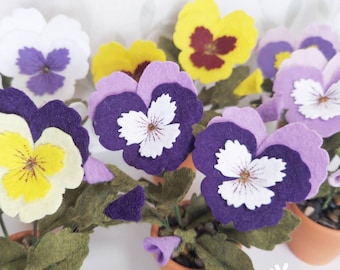 Pansy flowers pot plant, felt flowers, floral gift, potted plant, wedding favours, floral keepsake, Mother's Day flowers.