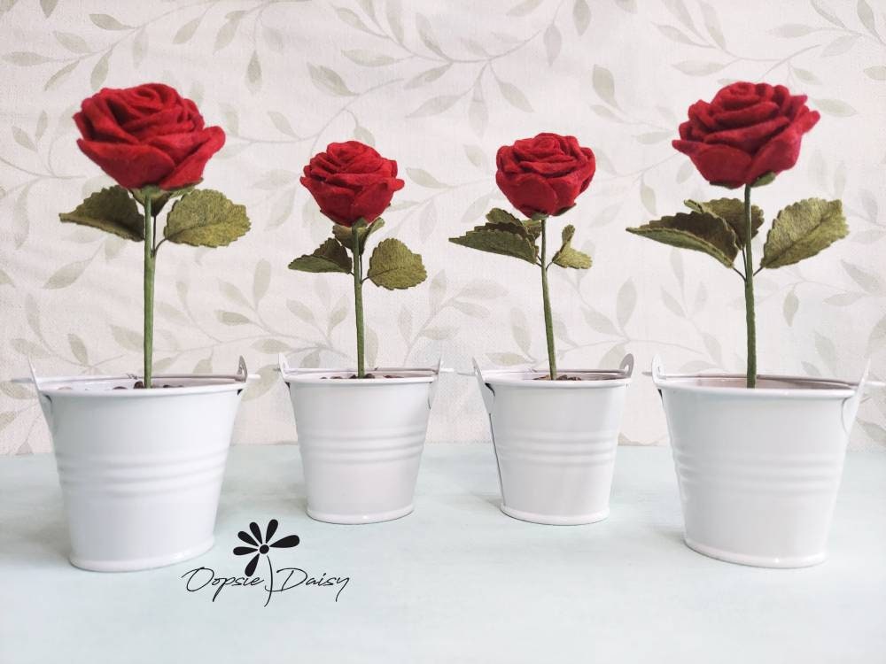 Small Red Rose in a Flower Pot, Felt Flowers, Floral Gift