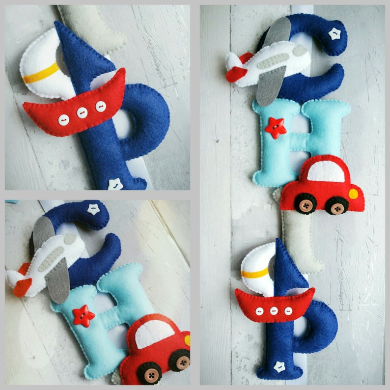 May include: Felt letter banner with the letters "CHIP" in blue and light blue. Each letter has a small felt airplane, car, or sailboat attached.