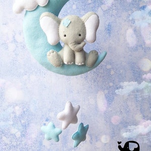 Elephant sitting on pale blue moon, nursery wall hanging