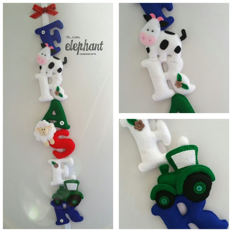 May include: A felt letter banner spelling the name "HARPER" with farm animal and tractor decorations. The letters are white with blue, red, and green accents. The animals include a cow, a sheep, and a tractor. The banner is handmade and includes the text "The little elephant handmade gifts".