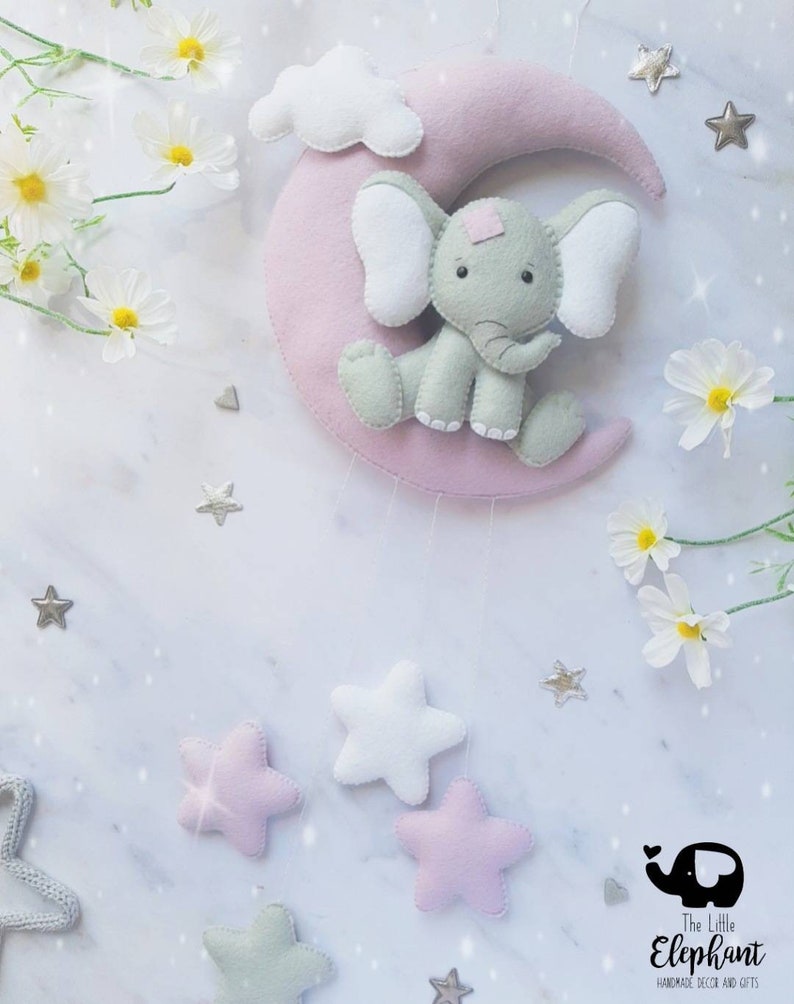 Elephant sitting on lilac moon, nursery wall hanging