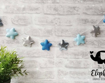 Star garland, star nursery bunting, blue and silver star garland