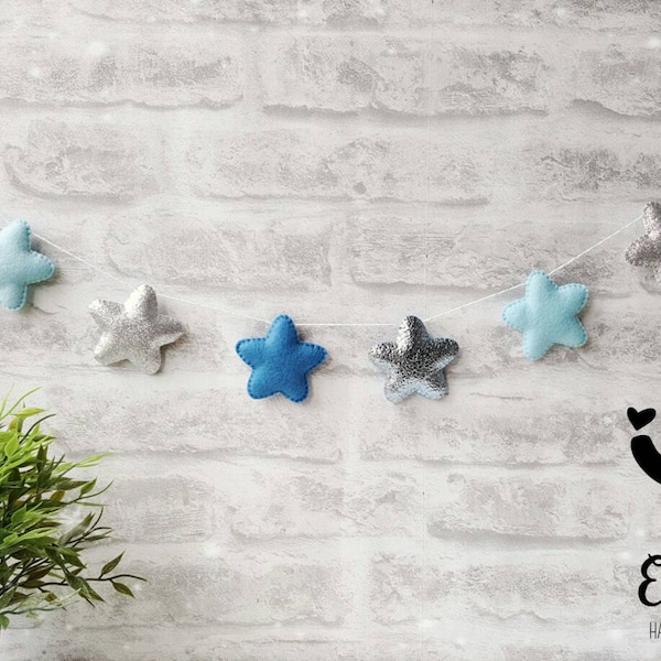 Star garland, star nursery bunting, blue and silver star garland