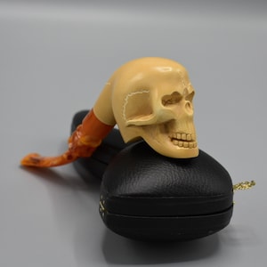 May include: A carved skull pipe with a brown stem, resting on a black leather case. The skull is detailed with teeth and eye sockets.