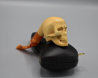 Reverse skull figure pipe block meerschaum,handmade w custom made case&tamper #621