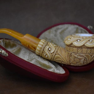 ornate Calabash pipe block meerschaum,handmade w custom made army pocket case#517