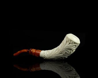 Ornate horn  shape pipe,handmade,New   block meerschaum,w custom made  case#1033