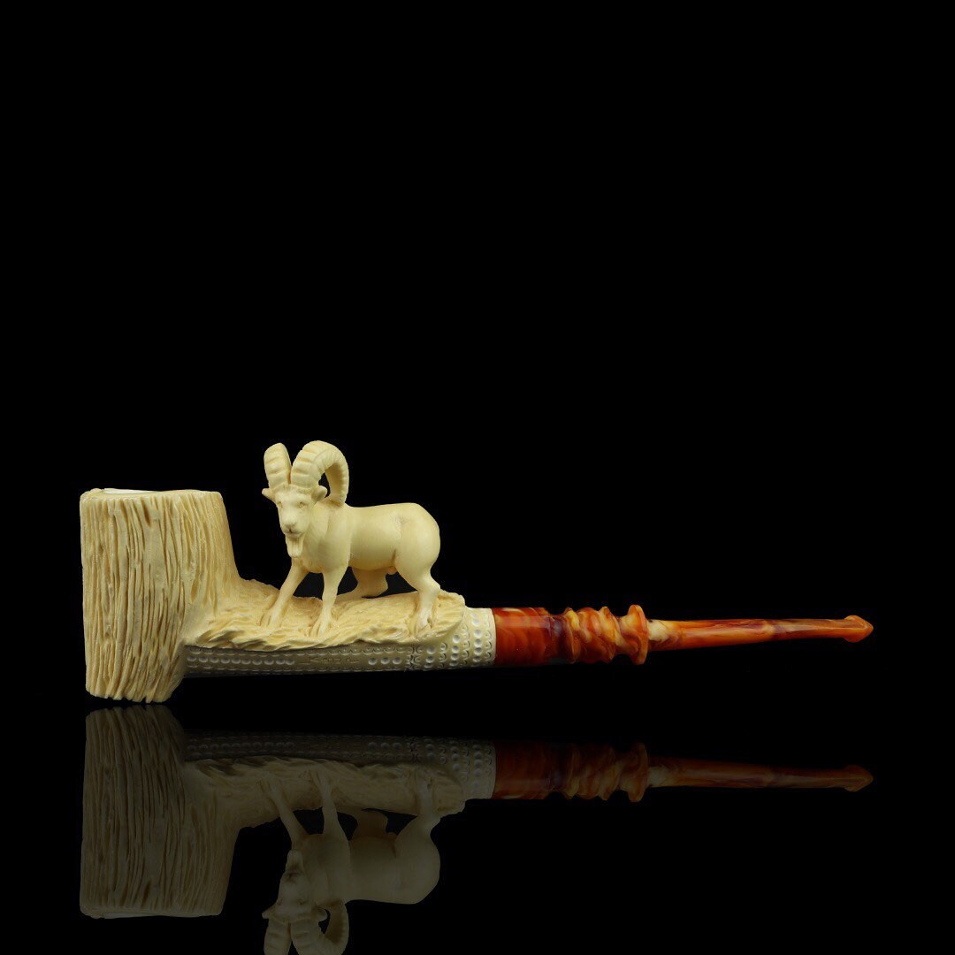 XXL SIZE Mountain goat pipe handmade New block meerschaum,w custom made case#833