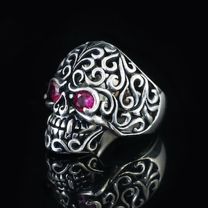 Skull Ring Turkish Handmade Ottoman Style 925 Sterling Silver Red Ruby eyes  Men’s 8 to 11 sizes in stock -14 grams