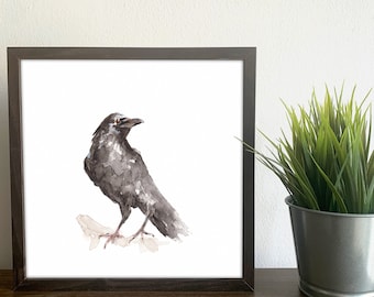 Lámina artística de acuarela de cuervo: decoración de pared de pájaro negro para amantes de la naturaleza