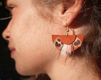 boucles d'oreilles cuir et plumes de faisan - paon - perdrix