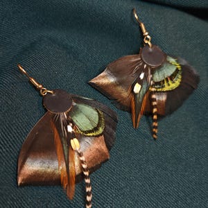 May include: A pair of dangle earrings featuring layered natural feathers in shades of brown, black, and iridescent green. Each earring is anchored by a small circular dark brown leather piece and finished with a gold-toned metal hook wire.
