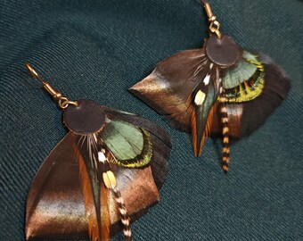 May include: A pair of dangle earrings featuring layered natural feathers in shades of brown, black, and iridescent green. Each earring is anchored by a small circular dark brown leather piece and finished with a gold-toned metal hook wire.