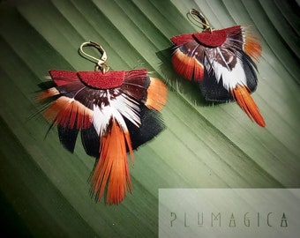 Boucles d'oreilles plumes faisan lady amherst - éventail cuir rouge velours