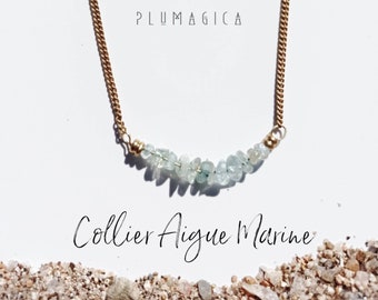 Collier ras du cou en pierres fines et précieuse | Chaine laiton brut | Emeraude aigue marine lapis lazuli calcedoine | 40 cm