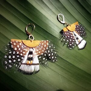 May include: A pair of handmade earrings featuring a fan-shaped design made from feathers. The feathers are primarily white with black spots and brown accents, attached to a tan leather backing with gold-colored ear wires. The earrings are displayed on a green leaf.