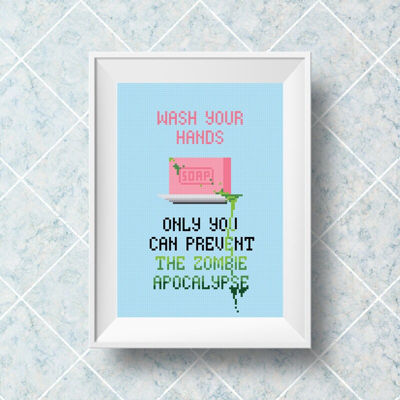 Zombie Cross Stitch Pattern / Wash Your Hands Cross Stitch Charts / Z…
