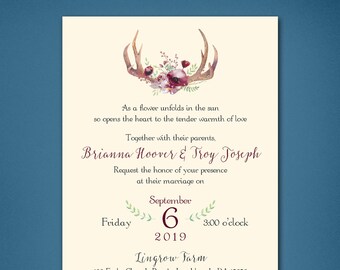 Elegant Antlers Wedding Invitations • Rustic Wedding Response Card • Fall Wedding • Summer Wedding • Invites