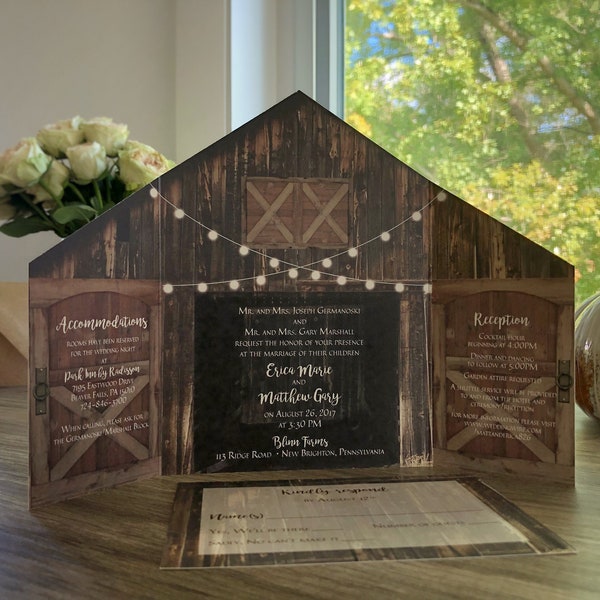 Rustic Barn Wedding Invitation with Folding Doors and Strings of Lights • Barn Wedding Invitation 2022