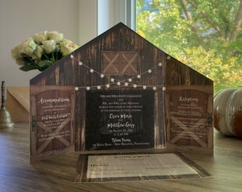 Rustic Barn Wedding Invitation with Folding Doors and Strings of Lights • Barn Wedding Invitation 2022