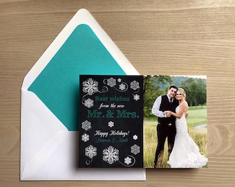 Our First Christmas Best Wishes from the new Mr. & Mrs. Photo Christmas Card • chalkboard • snowflakes • teal and white chalk • 1st holiday