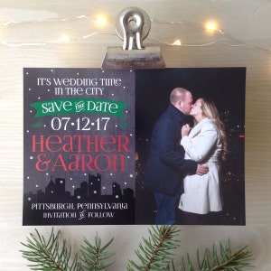 Snowy City Skyline Holiday Wedding Save the Date • Choose your City Skyline • Wedding Time in the City
