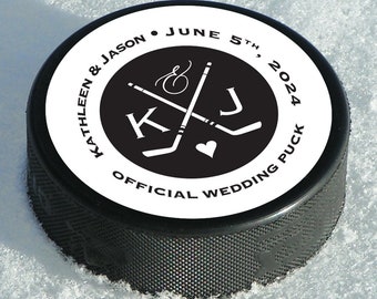 Monogram Official Hockey Puck Wedding or Bar Mitzvah Circle Favor Labels • 2 1/2 inch Hockey Puck Favor Label