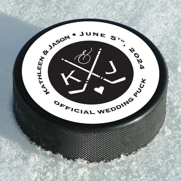 Monogram Official Hockey Puck Wedding or Bar Mitzvah Circle Favor Labels • 2 1/2 inch Hockey Puck Favor Label