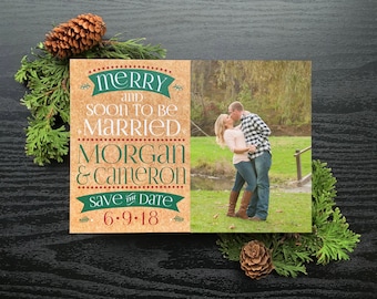 DIGITAL Landscape Oriented Merry and Soon to be Married Christmas Save the Date - KRAFT • Christmas Wedding Save the Dates • Editable