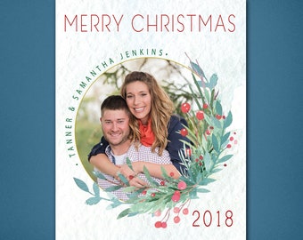 Watercolor Christmas Wreath Photo Holiday Card • Watercolor Christmas Wreath Photo Christmas Card