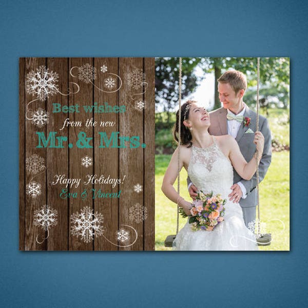 RUSTIC HOLIDAY CARD • Our First Christmas • New Mr. & Mrs. Photo Christmas Card • Wooden • snowflakes • teal • white • First holiday • Photo