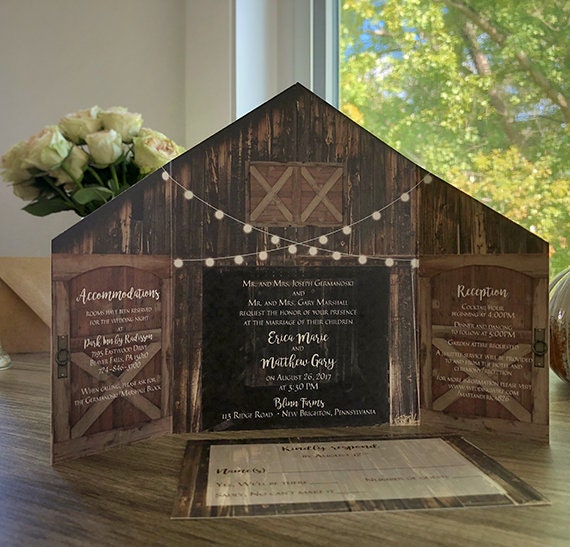 rustic barn wedding invitation with folding doors and folding wedding invitation