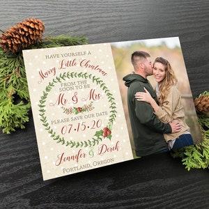 Marry Little Christmas Photo Save the Date Holiday Card with Watercolor Clip art and Polka dot Background • Christmas Save the Date