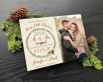 Marry Little Christmas Photo Save the Date Holiday Card with Watercolor Clip art and Polka dot Background • Christmas Save the Date