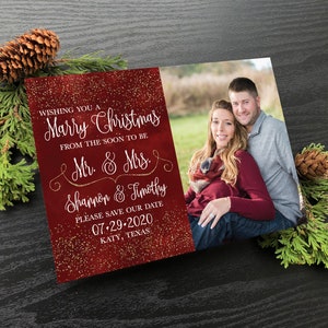 Glittering Gold & Ruby Sparkle Marry Christmas Photo Save the Date Holiday Card with Red Watercolor Background
