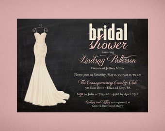 Chalkboard Ivory Wedding Dress Bridal Shower Invitation • Chalkboard Bridal Shower Invitation