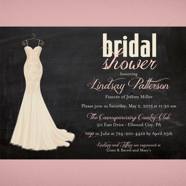 Chalkboard Ivory Wedding Dress Bridal Shower Invitation • Chalkboard Bridal Shower Invitation