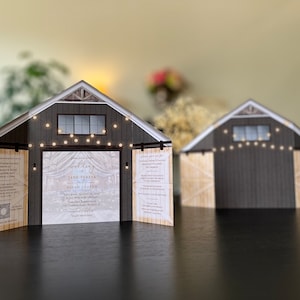 Modern Elegant Brown Barn Wedding Invitation with Folding Doors and Strings of Lights • Barn Wedding Invitation 2023