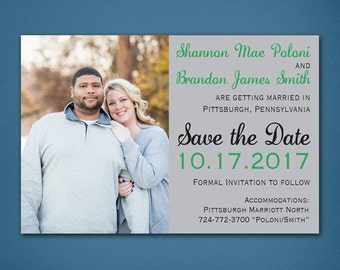 Simple Grey and Green Photograph Wedding Save the Date • Save the Date
