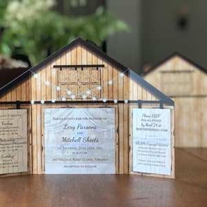 Elegant Rustic Barn Wedding Invitation with Folding Doors and Strings of Lights • Barn Wedding Invitation 2022