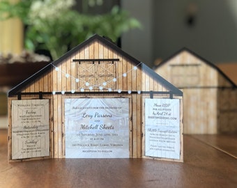 Elegant Rustic Barn Wedding Invitation with Folding Doors and Strings of Lights • Barn Wedding Invitation 2022