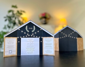 Modern Elegant Black Barn Wedding Invitation with Folding Doors and Strings of Lights • Barn Wedding Invitation 2023